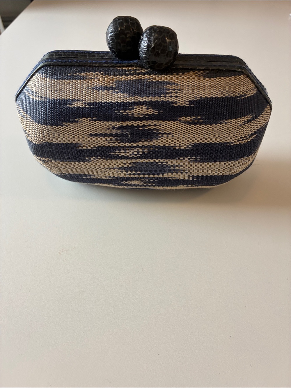 Jenny Polanco Woven Navy and Tan Evening Clutch